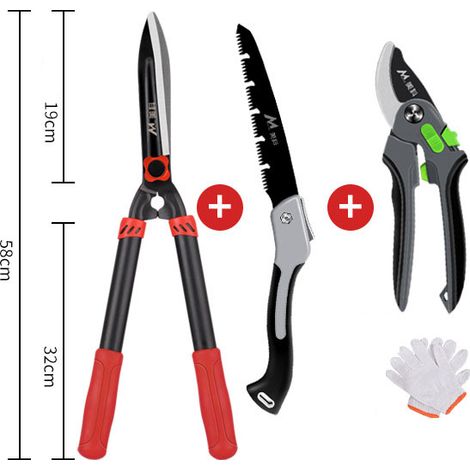 Ensemble d'outils de coupe de jardin 3 pièces : cisaille à haies + cisaille à branches + scie pliante (1/4)