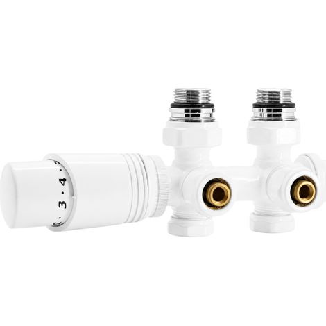 Kit universel raccordement radiateur blanc 50 mm avec vanne thermostatique et raccords Fluidheat (1/5)