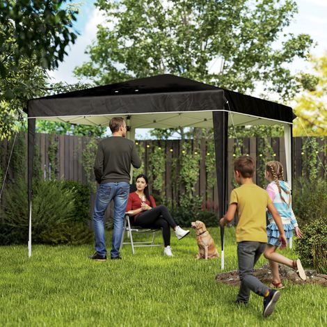 Gazebo 3x3 m pour 6 à 9 personnes, hauteur réglable avec trous de drainage. Fabriqué en métal et en toile Oxford noire.