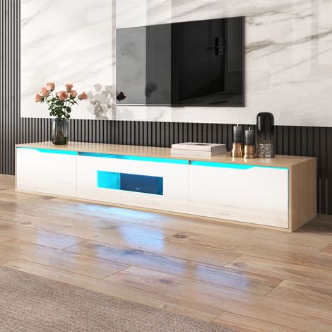 Meuble TV, meuble TV laqué brillant, assorti à un coloris blanc brillant et bois, avec éclairage LED à couleurs changeantes. (1/4)