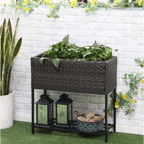 Hochbeet mit Ablage braun in Rattan-Optik für Garten OKMYHOME (1/4)