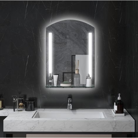 Miroir de salle de bains éclairé LED 50x70 cm aluminium argent IP44 tablette verre - CHICFURN (1/5)