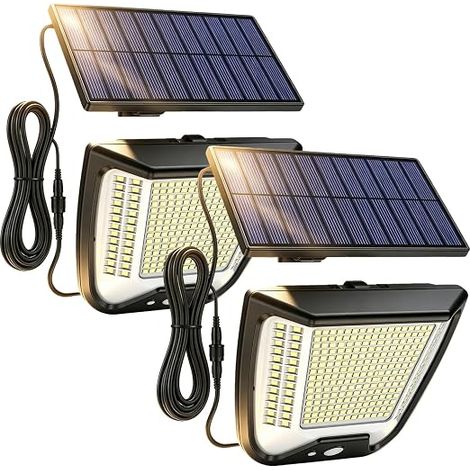 Lot de 2 lampes solaires LED d'extérieur avec panneau 288 LED, projecteur solaire avec détecteur de mouvement, 3 modes, étanchéité IP65, câble de 5 m