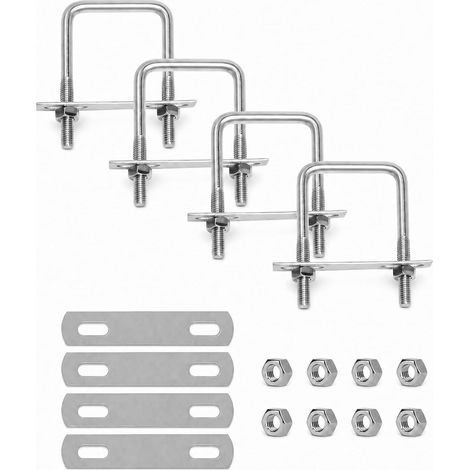 Lot de 4 vis à étrier M8 carrées en U pour coffre de toit - Fixation en U - Collier de serrage carré 65 x 80 mm - Avec écrous et plaque de cadre - Fermeture à boulon en U