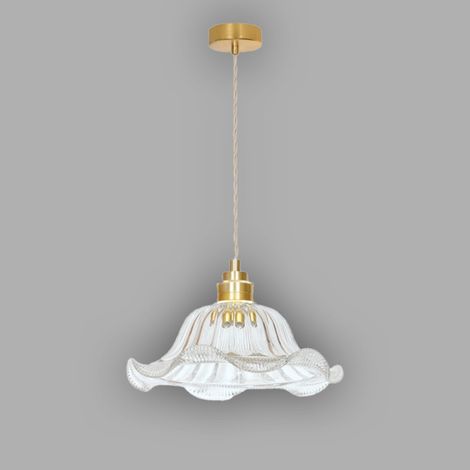 Suspension rétro en verre transparent 25cm – Métal doré vieilli – Hauteur 120cm – Ampoule E27 40W max – Pour cuisine ou table à manger – Millumine (1/2)