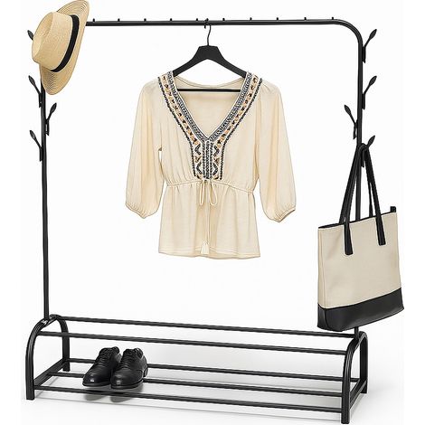 Perchero Relaxdays, 3 en 1, con barra para ropa, 2 estantes y 8 ganchos, (H x B x T): 158 x 110 x 40 cm, metal, negro