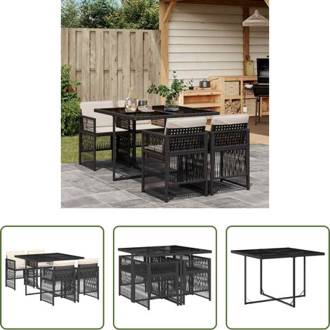 vidaXL Gartentisch - 5-tlg. Garten-Essgruppe mit Kissen Schwarz Poly Rattan (1/5)