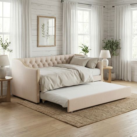 Divano letto estraibili 90x200 allungabile, letto capitonné con rete a doghe in legno, design capitonné con rivetti, per bambini e adulti, lino, stile moderno scandinavo(90x200cm, Beige)
