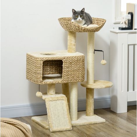 Albero tiragraffi 98 cm con nicchia, piattaforme, rampa e pali in sisal, beige HAVRYA (1/4)