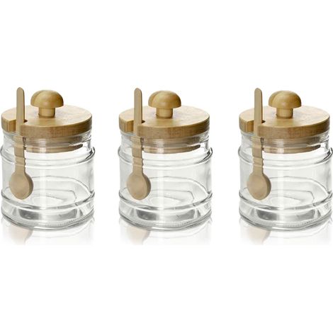 3 BARATTOLI DA CUCINA IN VETRO CON CUCCHIAIO E TAPPO IN LEGNO 8X11CM CAPIENZA 300 ML L'UNO