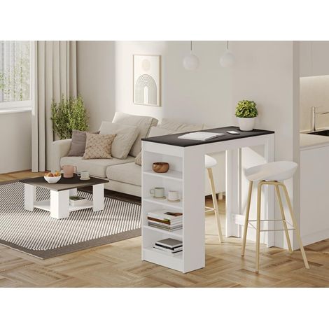 Table de bar avec rangements – Piètement blanc – Plateau effet béton – Dimensions 112x50x102.7 cm – Pour 4 personnes – Temahome (1/5)