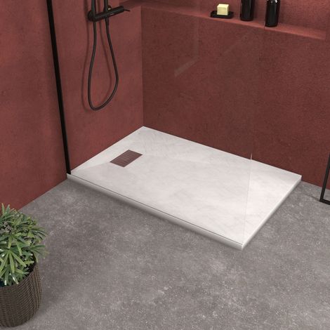 receveur de douche blanc effet pierre 90x140 cm et grille décor linéaire en inox
