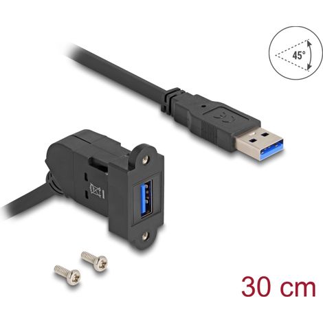 Delock USB 5 Gbps Tipo-A hembra para montaje en panel con Ã¡ngulo de 45Â° a Tipo-A macho con cable de 30 cm negro