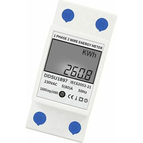 Contador Electrico Digital Monofasico Din Rail - Pantalla Lcd Retroiluminada - Medida De Tension Corriente Potencia Y Kwh - Montaje En Carril Din 35 Mm - Unidad (1/5)