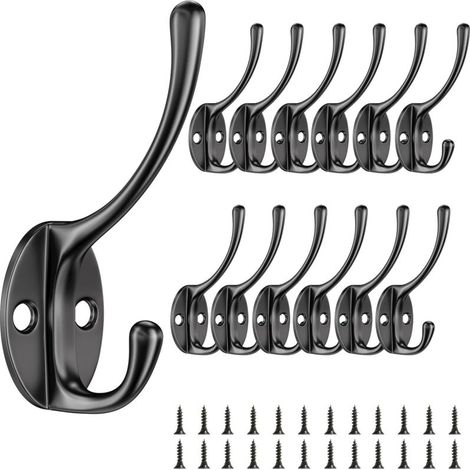 12 Pieces Wall Hooks, Coat Hooks with Screws, Vintage Metal Double Coat Hooks, Lightweight and Practical Coat Hooks, for Bedroom, Wardrobe, Bathroom (Black)