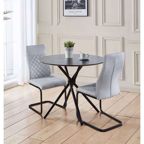 Hallowood Furniture Cullumpton Round Small Table and Chairs, Black Wood Effect Dining Table and Chairs Set 2 in High Back Light Grey Fabric and Black Cantilever Legs, Modern Dining Room Sets