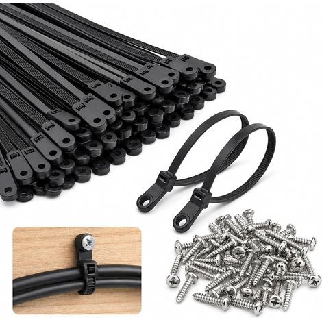 100 Pièces 10cm Serre-Câbles Noirs avec Trou de Vis avec 100 Vis (1/5)
