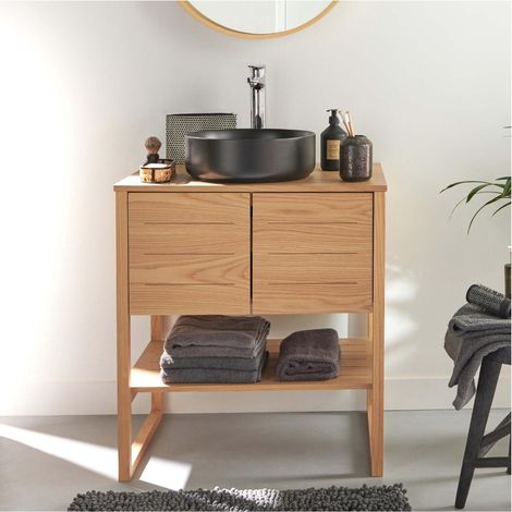 Meuble ATOLL 70cm chêne vasque ronde noire robinet et miroir
