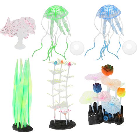 Lot de 6 décorations lumineuses pour aquarium : imitations en silicone (varech, lotus argenté, feuille de lotus, plume, corail, méduse). (1/5)