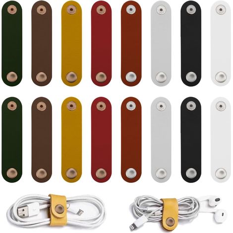16 Pièces Enrouleur de Cable, Organisateur de Câble en Cuir PU, Câble de Chargeur Portable Tidy, Support de Cordon Polyvalent, Empêchez les Cordes et les Fils de Câble USB de Se Faire Emmêler (1/5)