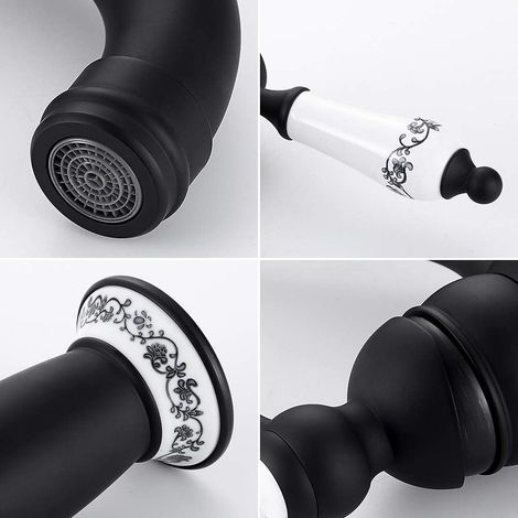 Mitigeur lavabo noir haut à poignée céramique – Motif floral, bec en col – Robinet classique salle de bain
