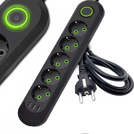 Rallonge multifonctionnelle à 5 prises, Zola, 5 m, 110-250 V, 3 ports USB, noir/vert (1/5)