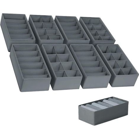 Set di 8 scatole portaoggetti per biancheria intima - Organizer per cassetti - Organizer per abiti - Organizer pieghevole per armadio, adatto per calze e biancheria intima (grigio) (1/5)