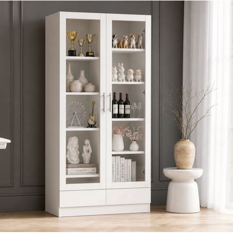 Meuble de rangement haut blanc 80x40x160 cm, armoire vitrée à 2 tiroirs, vitrine et classeur pour bureau, meuble de salon avec portes en verre, étagère polyvalente. (1/5)