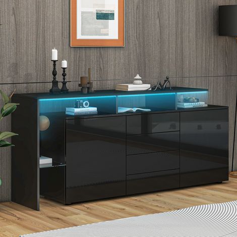 Même modèle N625P283229230W : Commode, buffet avec éclairage LED, meuble de salon noir brillant, meuble de rangement, meuble TV, meuble mural, vaisselier, meuble multifonction, buffet de salle à mange (1/4)