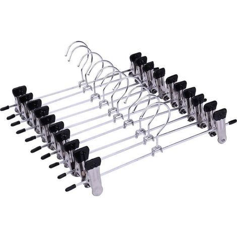 Juego de 10 perchas - Perchas para pantalones - Perchas para faldas - Perchas para pantalones con pinzas - Perchas para chales - 28,5 cm, Plata (1/5)