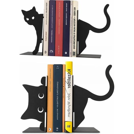 Serre Livre Metal Noir, Lot de 2 Paires Serre-Livres Chat Mignon, Cale Livre Robuste Antidérapant pour Étagère, Bureau et Bibliothèque, Décoration Bureau Cadeau (1/5)