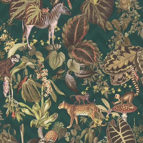 Papier peint animaux savane vert foncé Papier peint tropical Papier peint intissé et embossé Idéal pour salon (1/4)