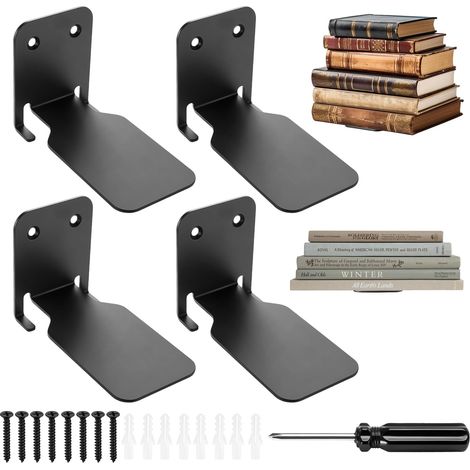 4 Pcs Etagere Livre Murale, Bibliotheque Murale, Etagere Flottante Murales, Étagère Flottante Invisible en Métal pour Chambre, Cuisine, Bureau, avec vis (Noir) (1/5)