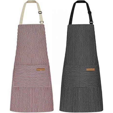 2-teilige Küchenschürze, weiche und verstellbare Kochschürze mit 2 Taschen, geeignet für Damen und Herren (schwarz/rosa gestreift) (1/5)