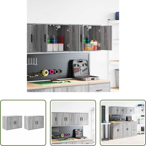 vidaXL Outils garage - Armoires murales de garage 2 pcs sonoma gris bois d'ingénierie (1/5)