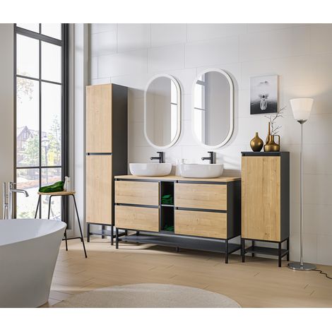 Meuble de salle de bain Chêne hamiltion et gris diamant L60-H57-P46 - Marseilla + Plan de vasque en bois CHÊNE D'HAMILTON L-60-P47-H2,5 (1/4)