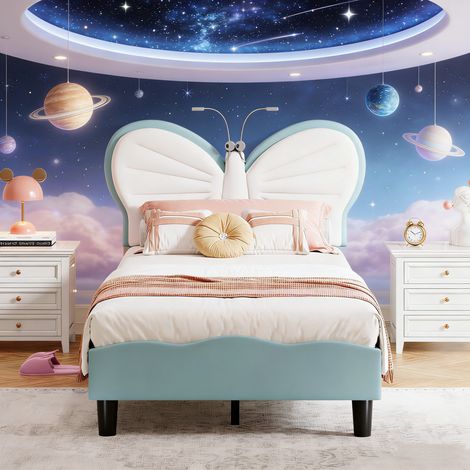Lit Enfant Fille 90x200, Lit Simple Rembourré avec Tête de Lits Réglable en Hauteur en Forme de Papillon et Liseuse, Sommier à Lattes, Velours+PU,blanc bleu