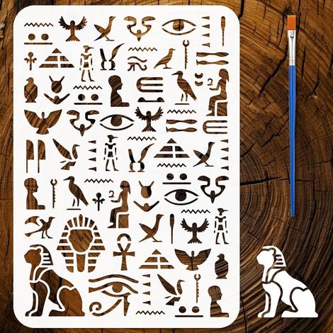 Pochoirs de Motifs Égyptiens avec un Pinceau 29,7x21cm Pochoirs de Peinture de Symboles Égyptiens Pochoir Égypte PET Thèmes Égypte Gabarit PET pour Bois Sol Mur Tissu Meuble DIY (1/5)