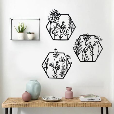Metall-Wanddeko, Metallblumen-Wanddekoration, 3-teiliges schwarzes Metall-Wandbild, minimalistische Linienblumen-Wanddeko für Schlafzimmer, Wohnzimmer, Büro, Wanddekoration