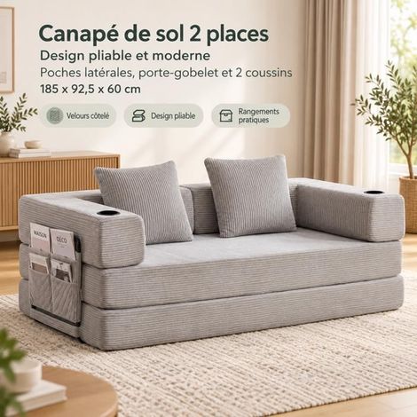 Canapé Convertible 2 Places Velours Côtelé Gris Clair avec Porte-gobelets - Canapé-Lit - Pliable, Poches Latérales, Sans Montage (1/5)