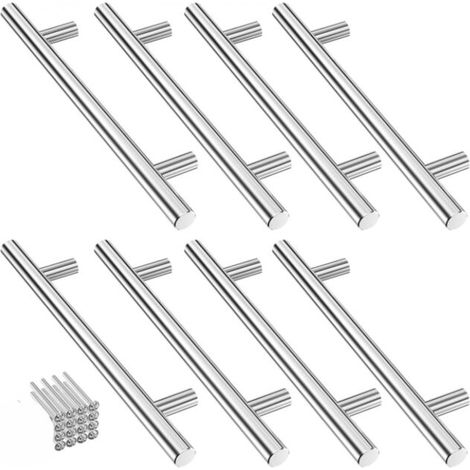 Lot de 8 Poignées Ronde en Acier Inoxydable Argenté Entraxe 128mm, Poignées de Cuisine et Tiroirs avec Vis (1/4)