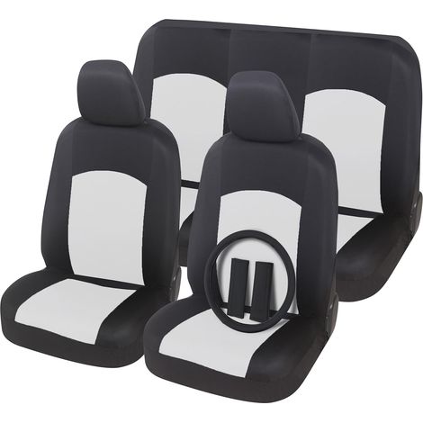 Lupex Shop - Coprisedili per auto medio piccole, anteriore e posteriore, con coprivolante, mod. Soft, tessuto Policotone, Nero - Bianco (1/5)