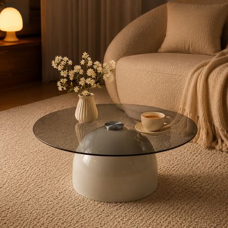 Table basse ronde en verre avec piètement en acier au carbone, Ø 70 cm, table basse moderne pour salon et café (1/4)