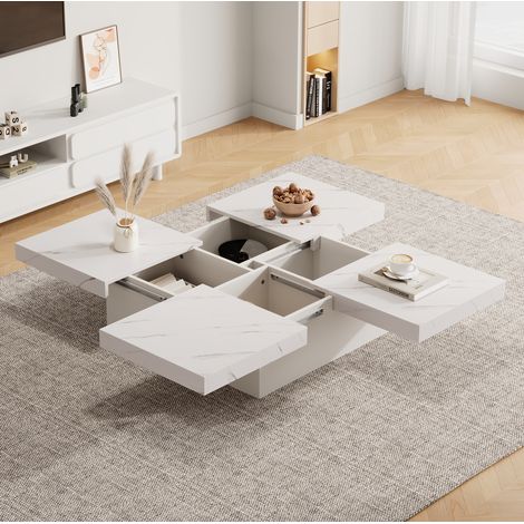 Table basse carrée blanche 90 x 90 x 25 cm, 4 tiroirs, plateau coulissant HAVRYA (1/5)