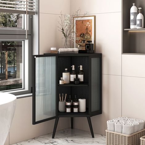 Mobile angolare da 80 cm, a due livelli con ante e ripiani in vetro temperato, ideale per bagno, soggiorno e camera da letto, colore nero (Codice articolo: W2552P235175) (1/5)