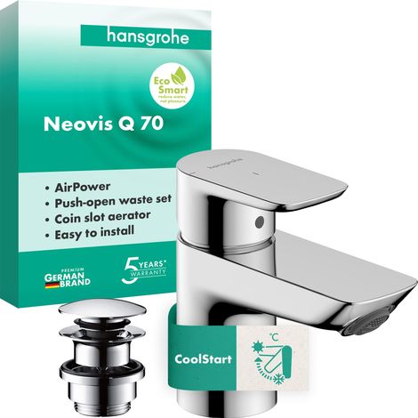 Mitigeur de lavabo avec bonde push-open en métal, économie d'énergie, robinet de salle de bain avec bec Hauteur 63 mm, Mitigeur économe en eau (1/5)