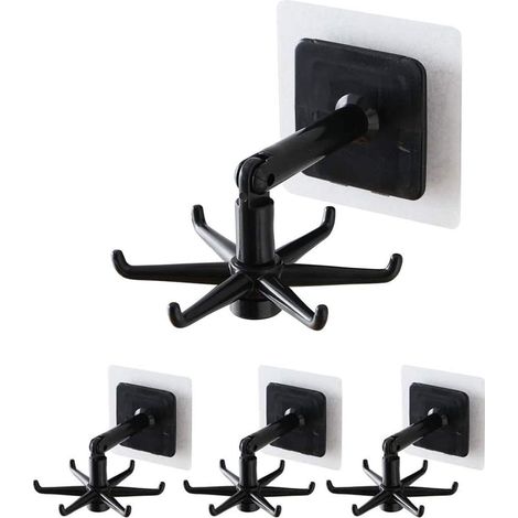 Lot de 4 Crochets Rotatifs 360 Degrés, Support Mural Sans Clous, Accessoire Rangement Cuisine, ABS Noir (1/5)