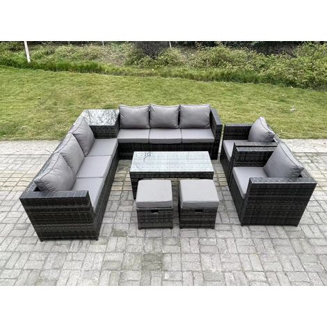 Fimous 10 Seater Rattan Corner Sofa Set With Square Side Table And Oblong Rectangular Coffee Tea Table 2 PC Arm Chair 2 Stools Dark Grey Mixed (1/5)