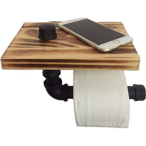 Porte-rouleau en Papier Toilette Design Rétro Métal Tube Étagère Ensemble de Rangement avec Plateau en bois Noir
