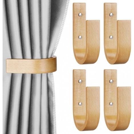 Lot de 4 embrasses de rideaux en bois de hêtre – Fixation murale – 14 cm x 9 cm x 1 cm – Pour rideaux lourds et styles décoratifs variés (1/5)
